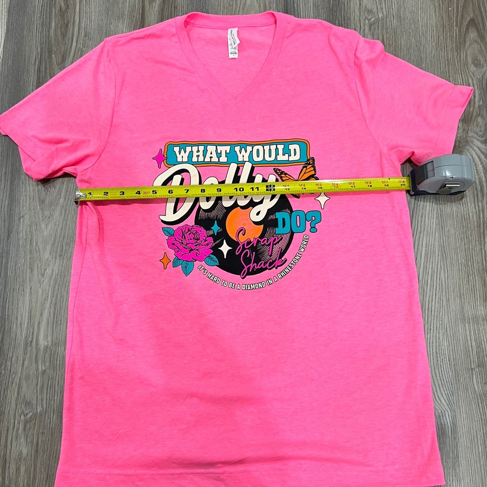 Bella + Canvas What Would Dolly Do Graphic V-Neck Tee Neon Pink Large - Picture 2 of 6